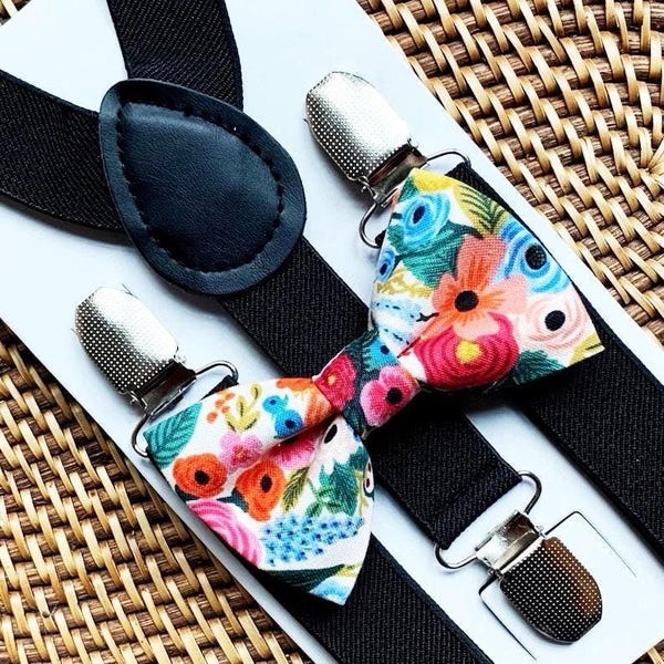 Floral Bow Tie & Black Suspenders Set, Ring Bearer Outfit Garden Wedding, Groomsmen Groom Accessories