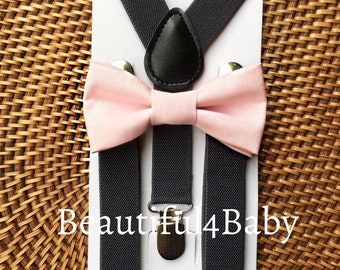 Pink Bow Tie & Gray Suspenders, Beach Wedding, Ring Bearer Outfit, Bow Ties for Men, Groomsmen Bow Ties, Mens Bow Ties, Suspenders, Bow Tie