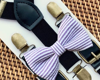 Purple Bow Tie & Suspenders, Easter Seersucker Bow Tie, Lavender Men's Bow Ties, Ring Bearer Outfit for Wedding, Toddler Purple Bow Ties