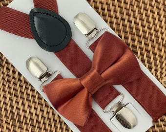 Terracotta Bow Tie and Suspenders Set, Burnt Orange Ring Bearer Wedding Outfit Groomsmen Groom
