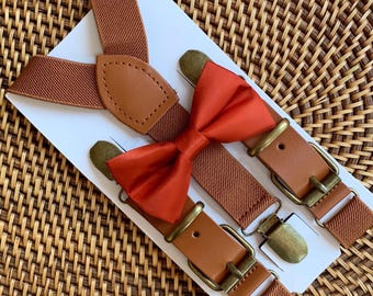 Burnt Orange Bow Tie, Brown Suspenders, Rustic Wedding Outfit Groomsmen Ring Bearer Groom