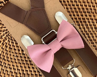 Dusty Rose Bow Tie & Leather Suspenders, Mauve Bow Tie, Mens Bow Tie, Boys Bow Tie, Ring Bearer Outfit, Groomsmen Bow Tie, Wedding, Bow Ties