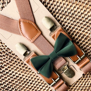 Cognac Brown Suspenders form a Y-Back for Men, Boys or Women with emerald green bow tie.