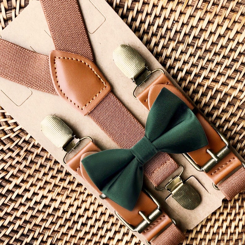 Cognac Brown Suspenders form a Y-Back for Men, Boys or Women with emerald green bow tie.