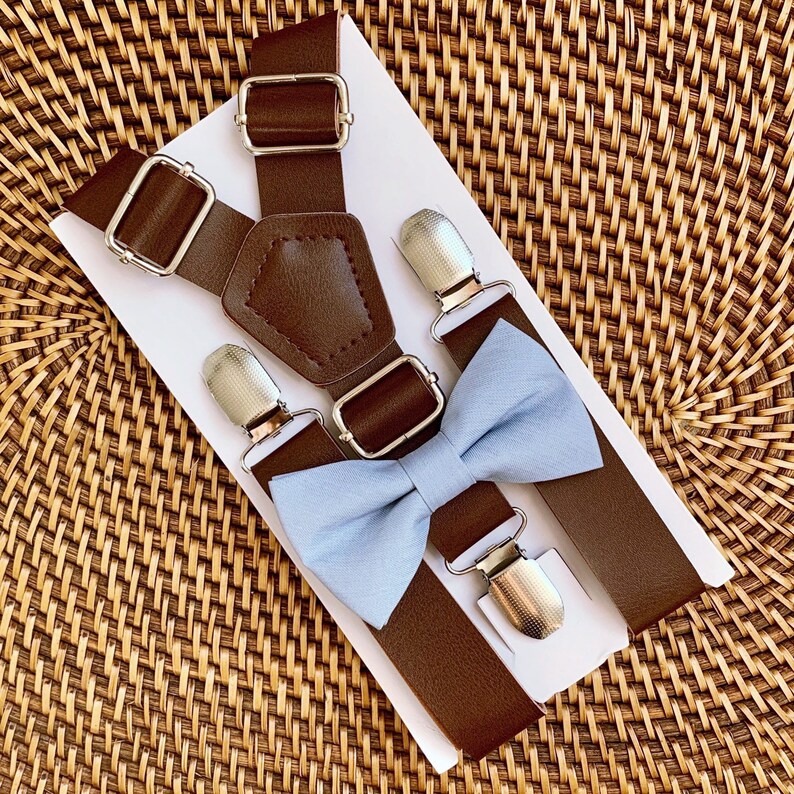 Dusty Blue Bow Tie & Leather Suspenders Wedding Suspenders Etsy