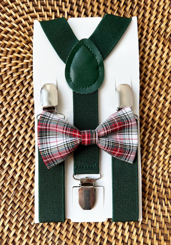 Red Green Plaid Bow Tie & Green Suspenders, Christmas Bow Tie, Outfit for Boys, Toddler Suspenders, Baby Bow Tie Gift, Bow Ties for Men
