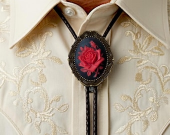 Red Rose Bolo Tie, Gothic Western Cowboy Necktie, Genuine Leather Cord