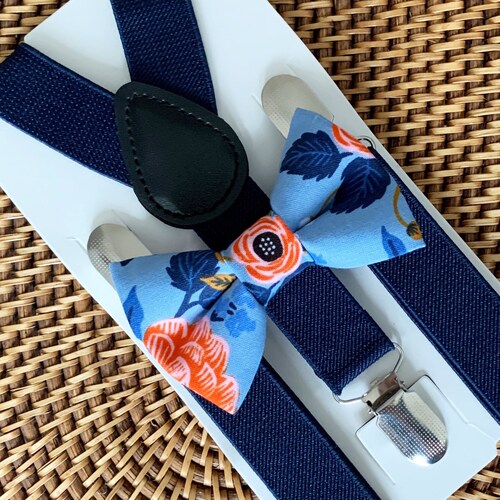 Blue Floral Bow Tie & Navy Blue Suspenders Navy Toddler Bow Etsy