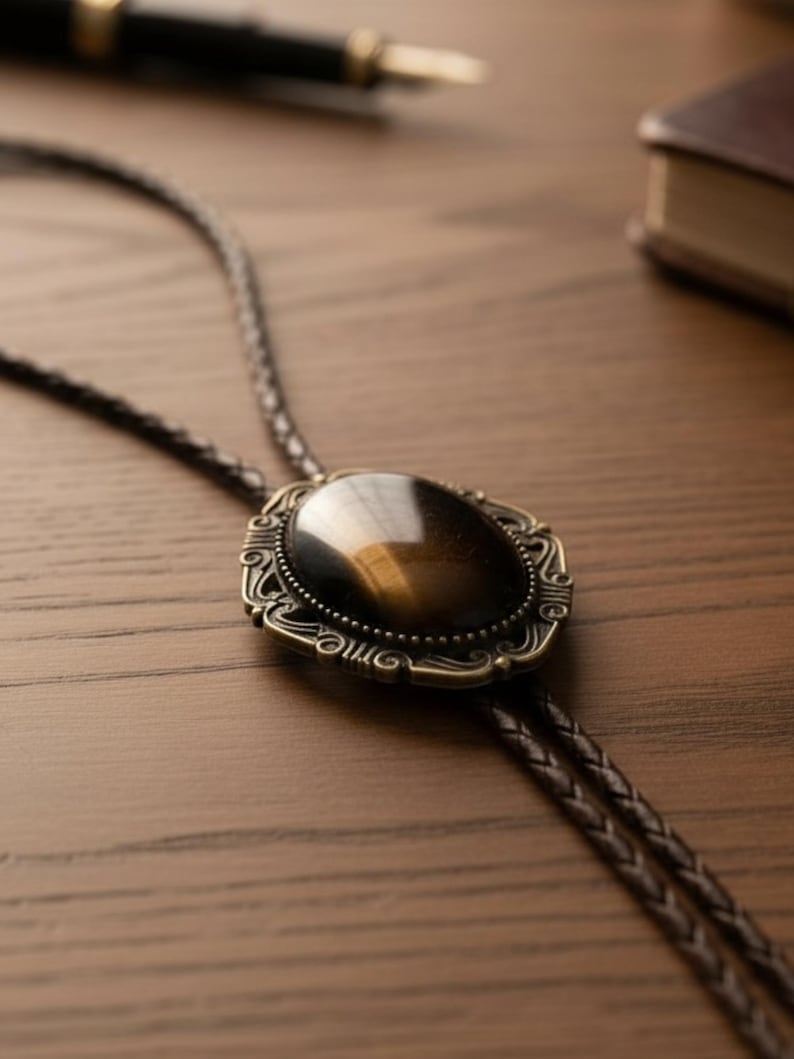 Tiger’s eye bolo tie on a desk for a groomsman in a wedding.
