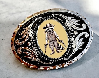 Funny Western Belt Buckle, Raccoon Design- Silver & Black