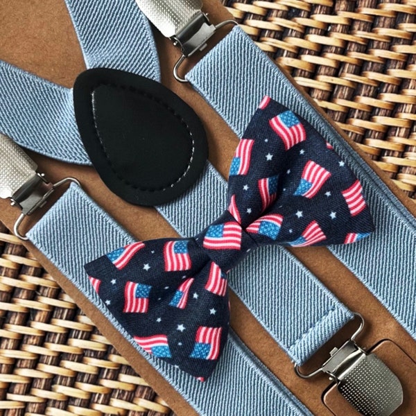 American Flag Bow Tie & Blue Suspenders, Fourth of July, 4th of July, Mens Bow Ties, Suspenders, Little Boy Bow Tie, Baby Bow Tie, Toddler