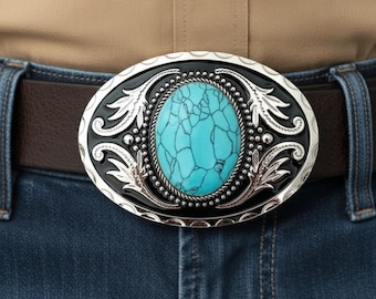 Teal Turquoise Stone Belt Buckle: Western Cowboy Silver  Men\'s Black 1 Vintage American Western Cowboy Turquoise Stone Belt Buckle main image 1