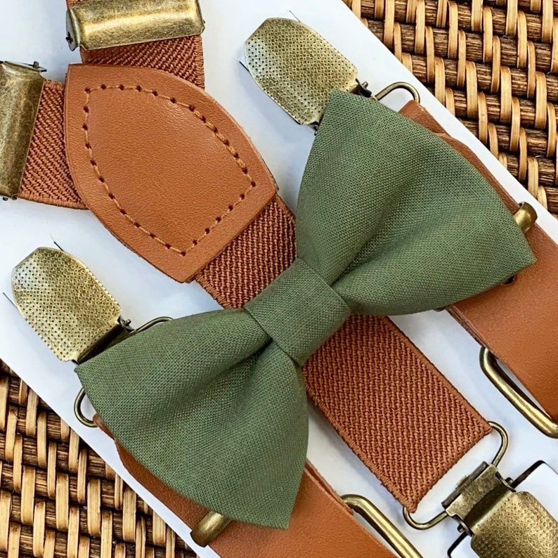 Olive Green Bow Tie & Vegan Leather Suspenders, Rustic Wedding, Boho Wedding, Mens Bow Ties, Ring Bearer Outfit, Boys Bow Ties, ALL SIZES image 2