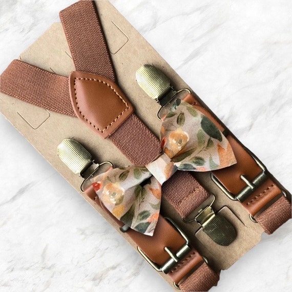 Boho Floral Bow Tie and Suspenders, Burnt Orange Bow Ties for Men or Toddler Fall Wedding Outfit