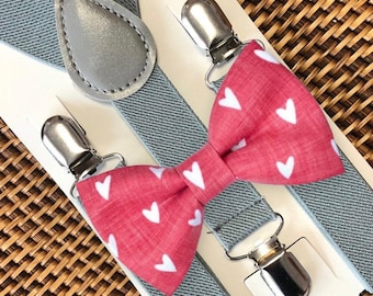 Valentines Day Bow Tie with Hearts and Suspenders for Boys, Valentine Outfit Toddlers