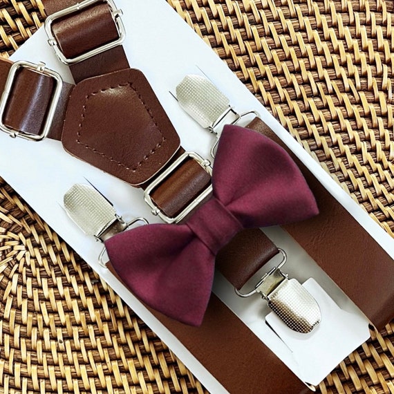 Burgundy Bow Tie Leather Suspenders Burgundy Bow Tie Wedding Suspenders Bow Tie Mens Burgundy Bow Tie Ring Bearer Outfit Wedding Accessories