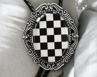 Corbata bolo con bandera a cuadros plateada, accesorio de automovilismo Western Racing, regalo para hombre Indy