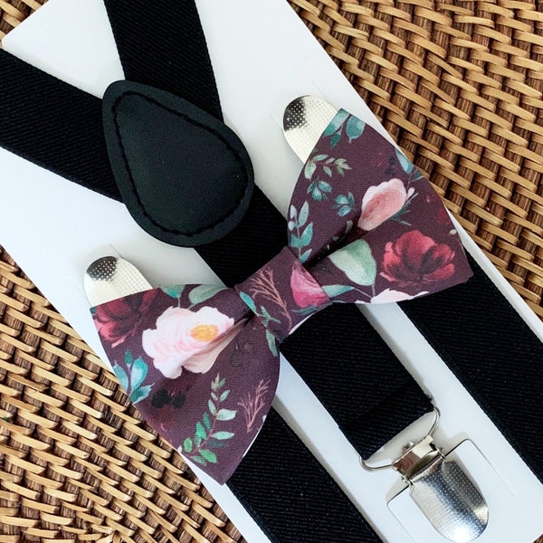 Wine Bow Tie, Maroon Bow Tie & Black Suspenders, Ring Bearer Outfit, Burgundy Bow Tie, Bow Ties for Men, Boys, Babies, Floral Bow Tie