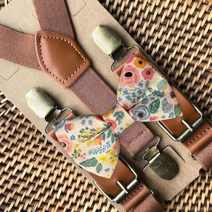 Floral Bow Tie & Brown Suspenders, Boho Wedding, Bow Ties for Men, Boys Bow Tie, Ring Bearer Outfit, Rustic Wedding, Groomsmen, Bowtie