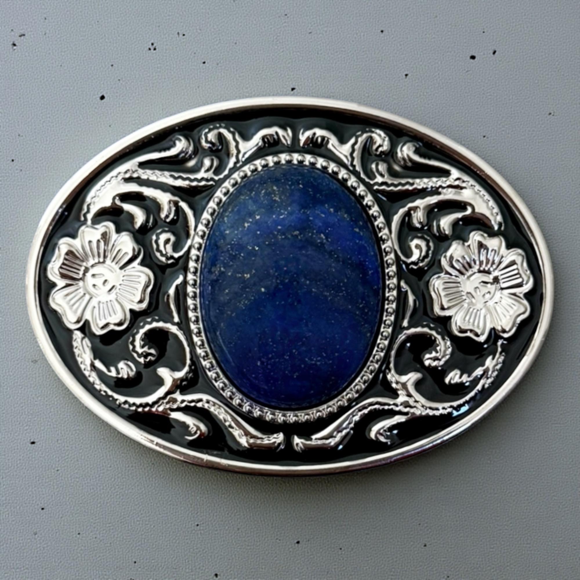 Natural Blue Lace Agate oval stone western belt buckle Blue Stone Belt Buckle Cowboy Western Accessory – The Bold  main image 2