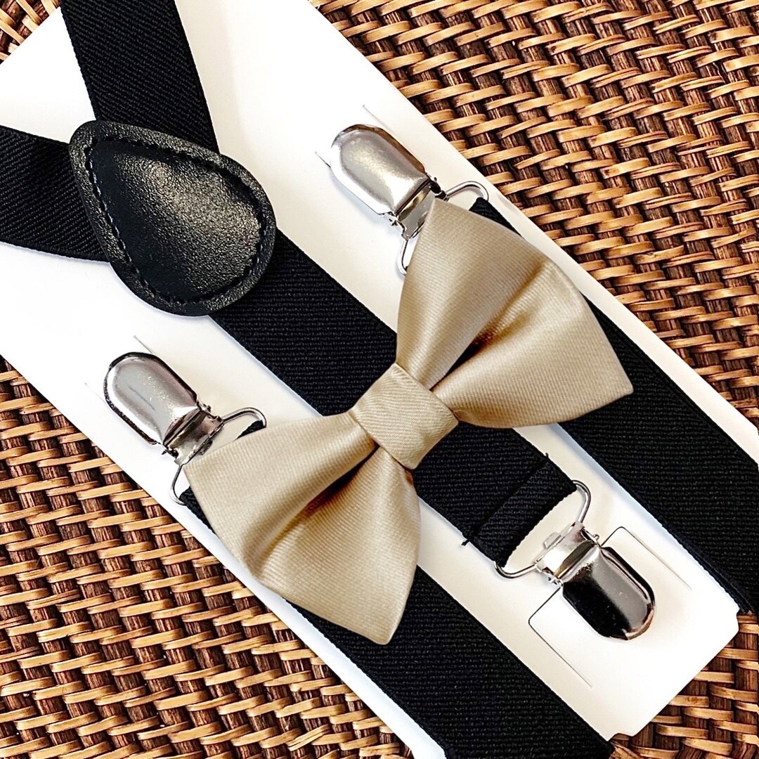 champagne colored bow tie and suspenders