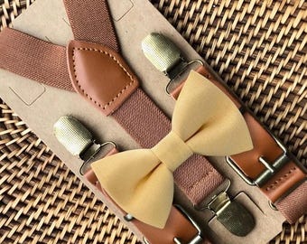 Conjunto de pajarita amarilla y tirantes marrones: traje de portador de anillos