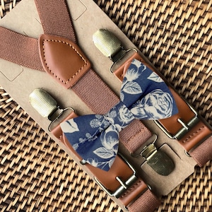 Vintage Floral Steel Blue Bow Tie & Brown Suspenders for Wedding Bow Ties for Men and Groomsmen, Boys Bow Tie for Ring Bearer Outfit Gift