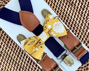 Mustard Floral Bow Tie & Navy Blue Suspenders Mustard Bow Tie Navy Suspenders Wedding Suspenders Ring Bearer Outfit Bow Tie Groomsmen