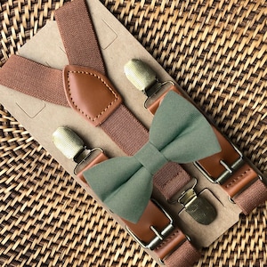 Sage Green Bow Tie & Brown Vegan Buckle Suspenders for Wedding, Ring Bearer Outfit, Groomsmen Wedding Outfit, Sage Bow Ties for Men, Bowtie