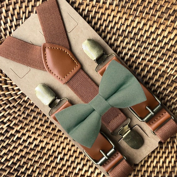 Sage Green Bow Tie & Brown Vegan Buckle Suspenders for Wedding, Ring Bearer Outfit, Groomsmen Wedding Outfit, Sage Bow Ties for Men, Bowtie