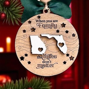 Custom State 2-Layered Wooden Family Ornament, Miles Don&#39;t Matter Gift, Custom State To State Ornament, Family Long Distance Christmas Gift