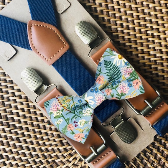 Rifle Paper Co Blue Bow Tie Navy Suspenders, Floral Bow Tie, Bow Ties for Men, Boys Bow Tie, Ring Bearer Outfit, Boho Wedding