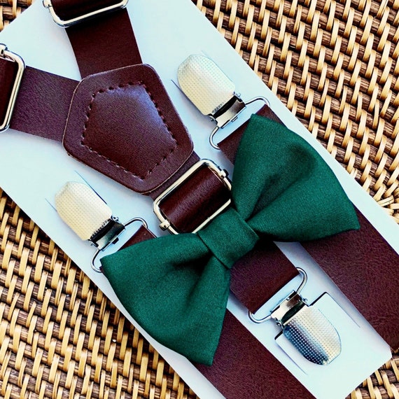 Brown Suspenders with Hunter Green Bow Tie for Groomsmen Gift Leather Suspender and Bowtie Set Suspenders for Men or Boys Ring Bearer Outfit