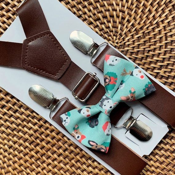 Christmas Dogs Bow Tie & Vegan Leather Suspenders Christmas Outfit for Boys Suspenders Holiday Bow Tie Christmas Photos Baby Bow Tie for Men