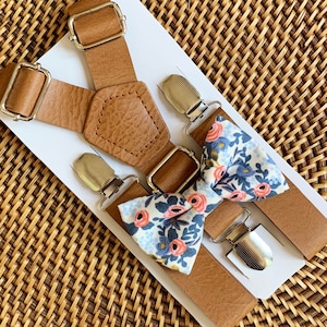 Floral Bow Tie & Leather Suspenders Set, Ring Bearer Outfit, Groomsmen Groom Wedding Bowtie