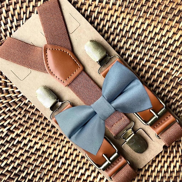 Dusty Blue Bow Tie and Brown Suspenders Set, Ring Bearer Outfit Groomsmen Groom Wedding