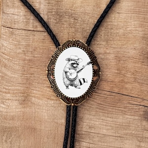Raccoon Bolo Tie: Western Cowboy Leather Cord Jewelry