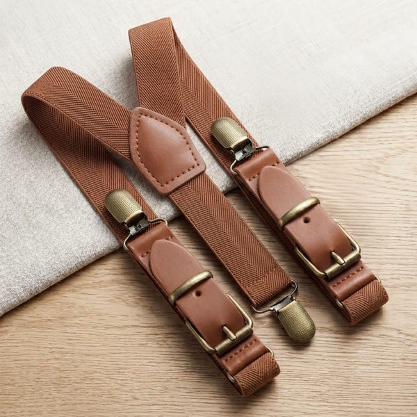 Cognac Brown Leather Suspenders with Brass Clips, Rustic Wedding Outfit