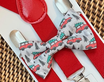 Christmas Bow Tie and Suspenders Set, Baby Boy Toddler Bowtie with Holiday Cars