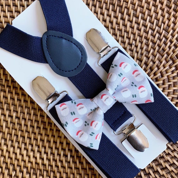 Santa Bow Tie & Navy Blue Suspenders, Suspenders, Bow Tie for Men, Women, Kids, Boys, Christmas Outfit — ALL SIZES