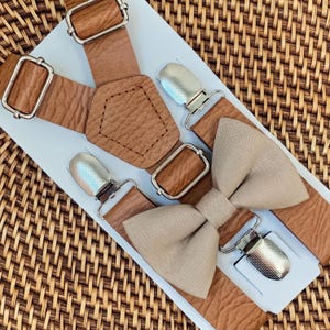 Taupe Bow Tie and Suspenders Set - Vegan Leather, Kids to Adult Sizes