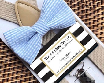Blue and White Seersucker Bow Tie, Light Blue Striped Bowtie in Cotton