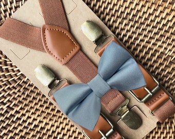 Dusty Blue Bow Tie & Brown Suspenders, Bow Ties for Men, Dusty Blue Wedding, Ring Bearer Outfit, Weddings, Cake Smash Bowtie Groomsmen