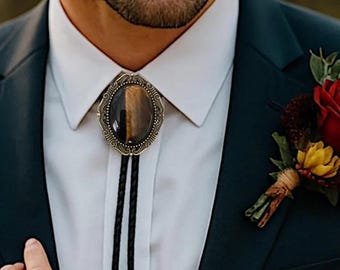 Tiger's Eye Stone Bolo Tie: Western Cowboy Leather Necklace Groomsmen Wedding Bolo Ties
