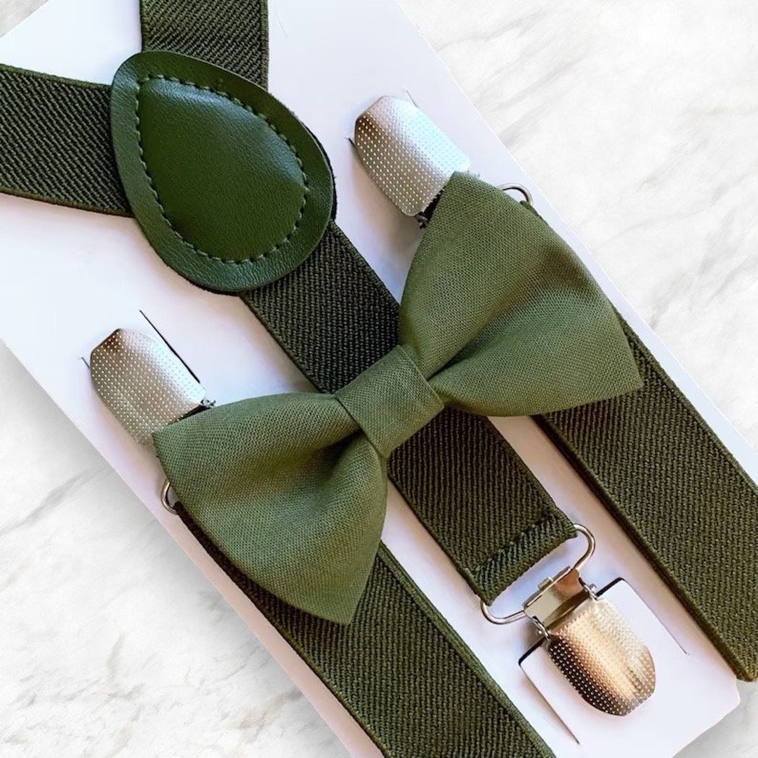 Men's Mature Style Bow Tie & Olive Green Suspender Set – Tuxedo Wedding Formal Accessories By Coool