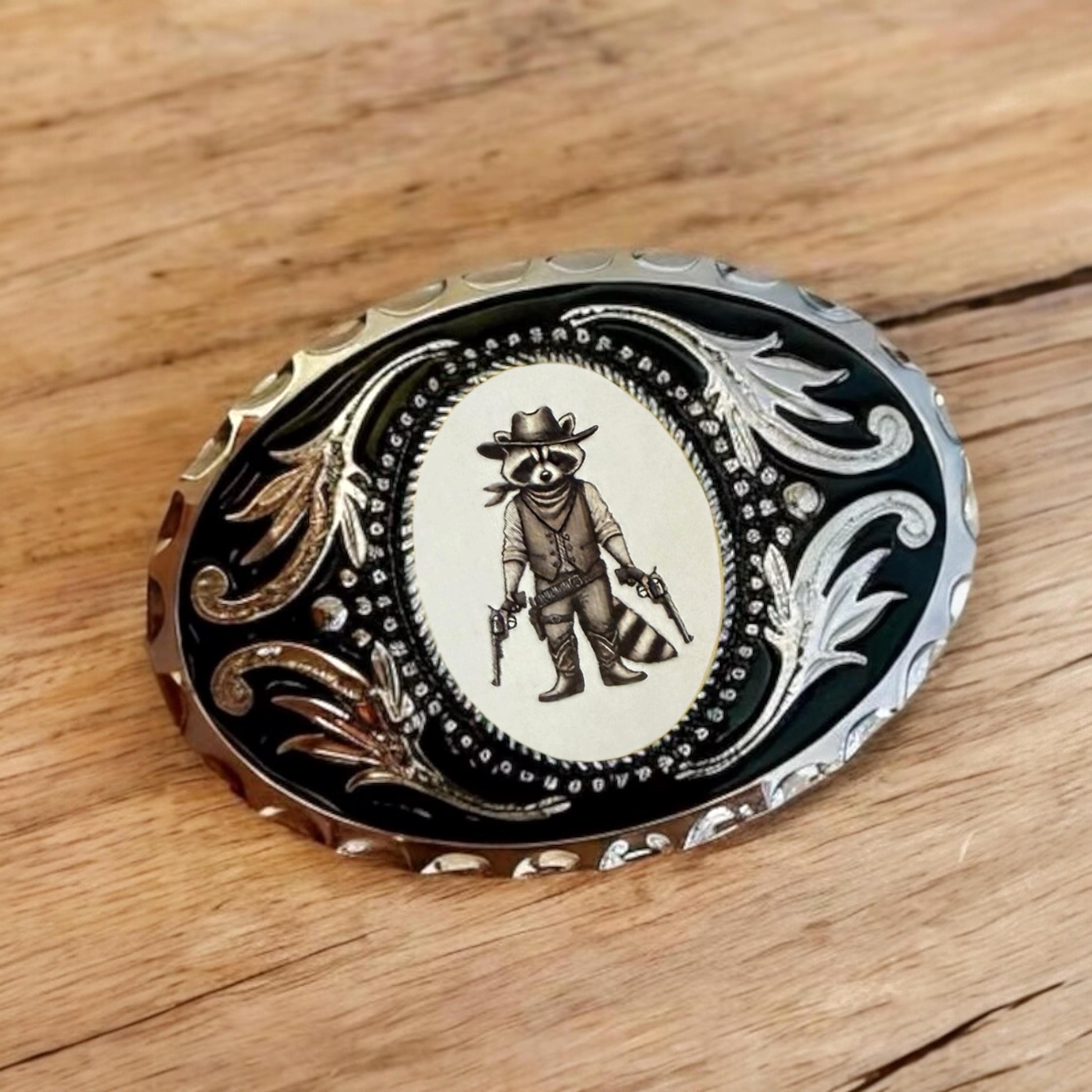 Silver-Tone Western Style Belt Buckle with Black Cabochon Accent & 2 Stones Silver Belt Buckle with Rose Cabochon, Western Cowboy  main image 4