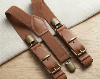 Cognac Brown Leather Suspenders with Brass Clips, Rustic Wedding Outfit