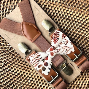 Burnt Orange Floral Bow Tie & Brown Vegan Buckle Suspenders for Rustic Fall Wedding, Ring Bearer Outfit, Gift for Groomsmen