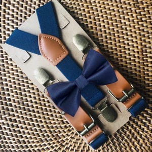 Navy Bow Tie and Leather Suspenders Set, Ring Bearer Outfit, Groomsmen Wedding Accessories