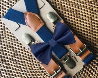 Navy Bow Tie and Leather Suspenders Set, Ring Bearer Outfit, Groomsmen Wedding Accessories
